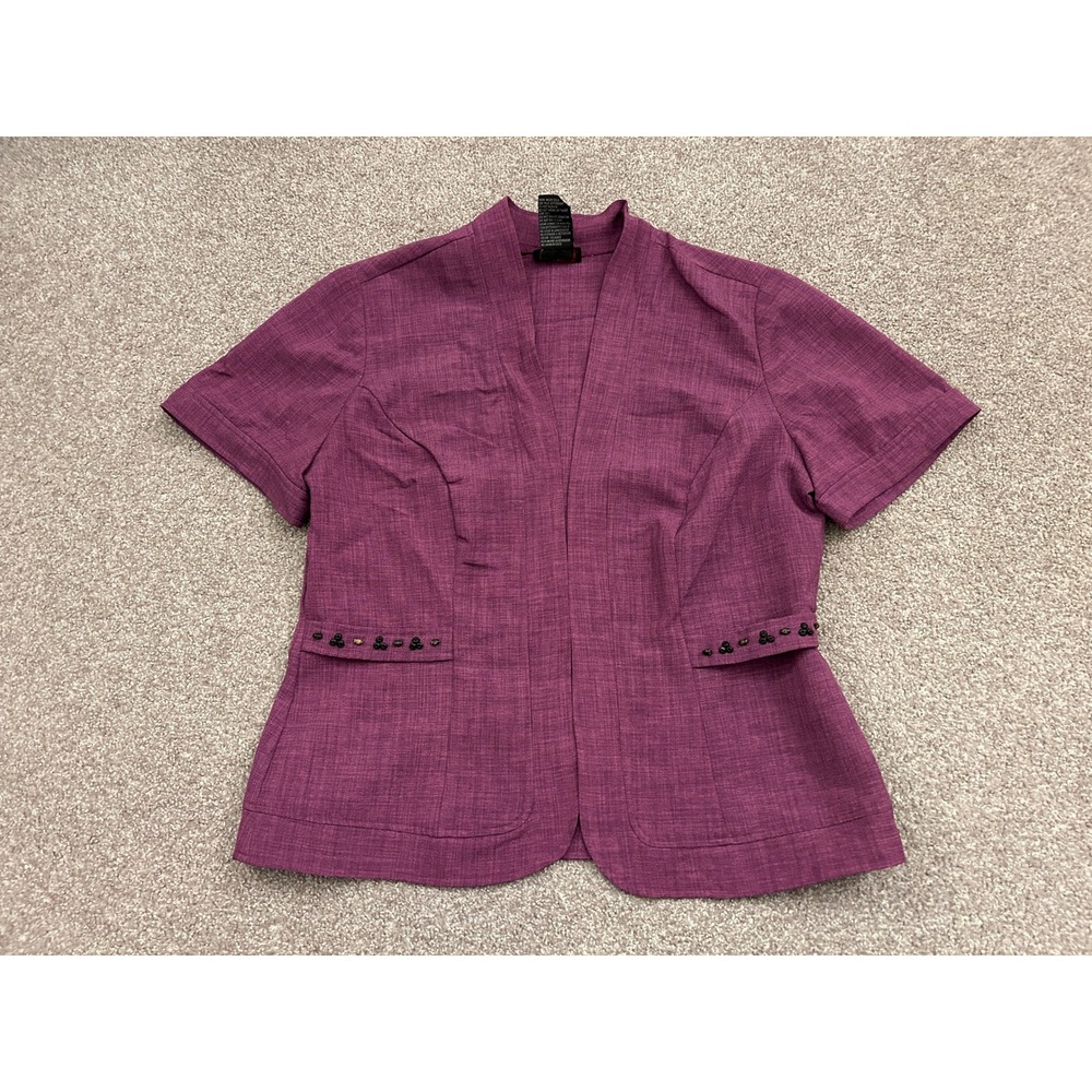 R&K Originals Open Front Jacket Womens 14 Purple Excellent Beaded Short Sleeve